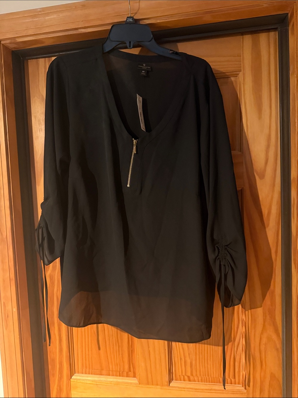 Worthington Black V-Neck Zip Blouse with Drawstring Sleeves